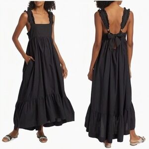 Free People Isabella Black Ruffle Strap Tiered Maxi Dress Tie Back Cotton XS